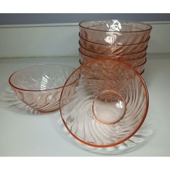 Arcoroc France Rosaline Set of 8 Pink Swirl Glass Dessert Bowls 4.75 In. Vintage - Picture 4 of 6